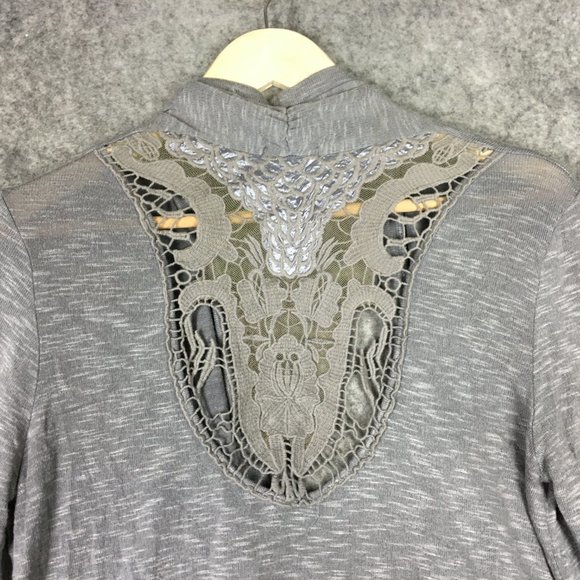 Urban Outfitters Silence Noise Cardigan L Slub Gray Lace Inset Open Front Career - Picture 12 of 14
